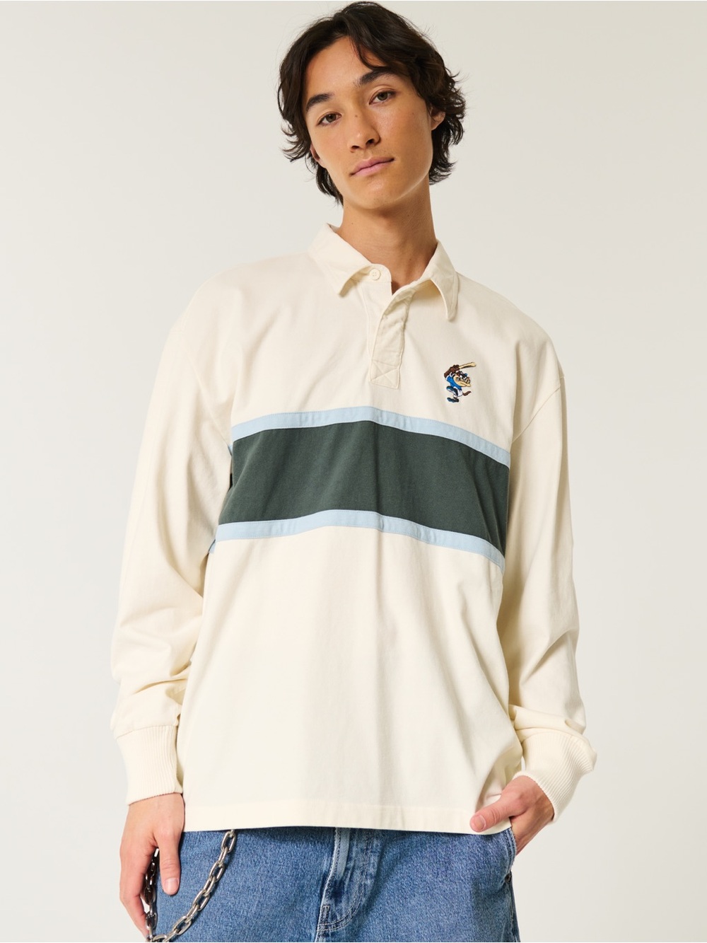 Hollister Men’s S Looney Tunes Taz Rugby Polo Long Sleeve Stripe